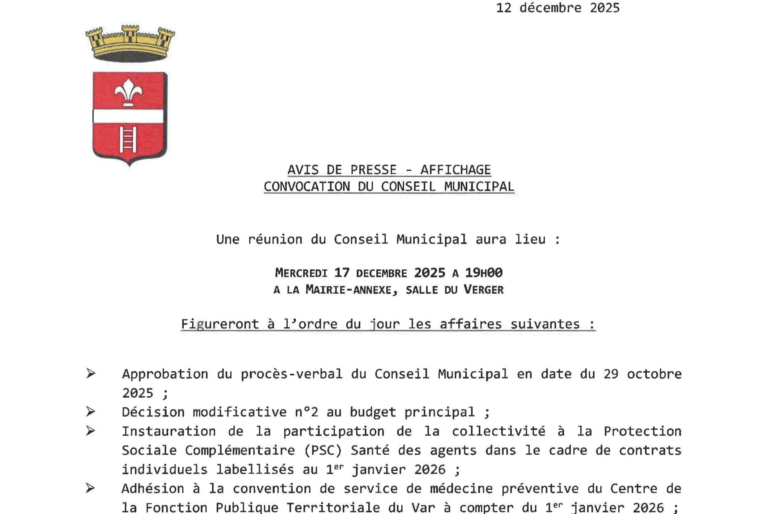 Réunion du Conseil Municipal 17 décembre