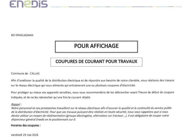 COUPURES DE COURANT POUR TRAVAUX le 29 mai