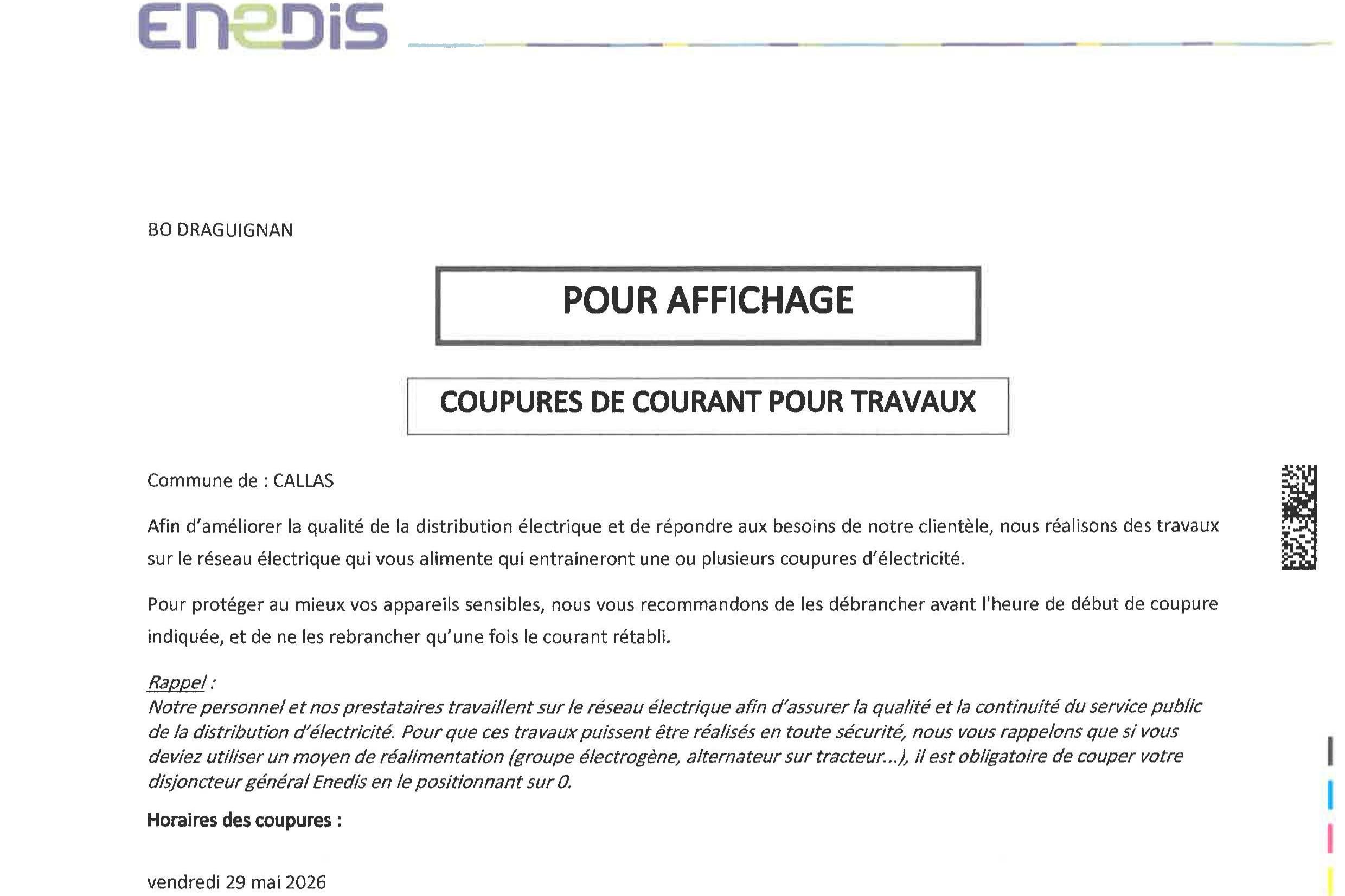 COUPURES DE COURANT POUR TRAVAUX le 29 mai