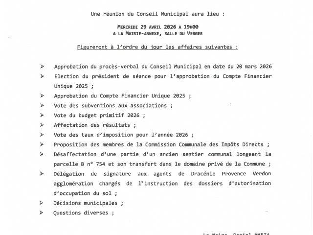 Réunion du Conseil Municipal le 29 avril