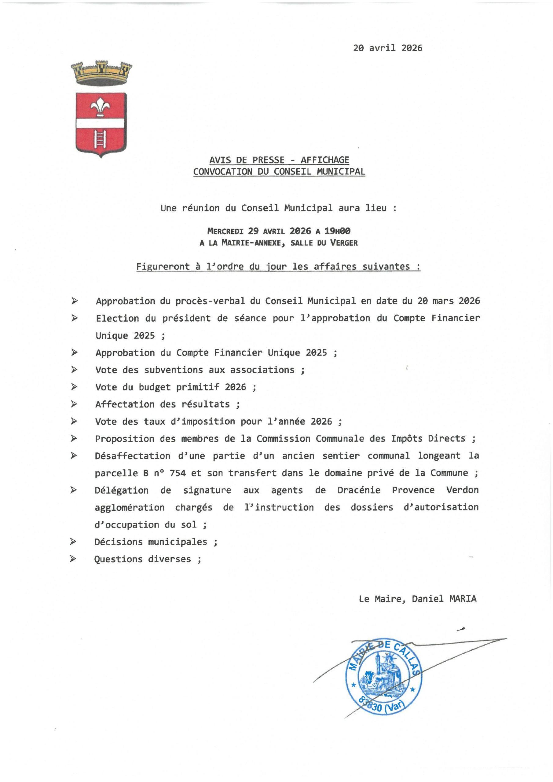 Réunion du Conseil Municipal le 29 avril