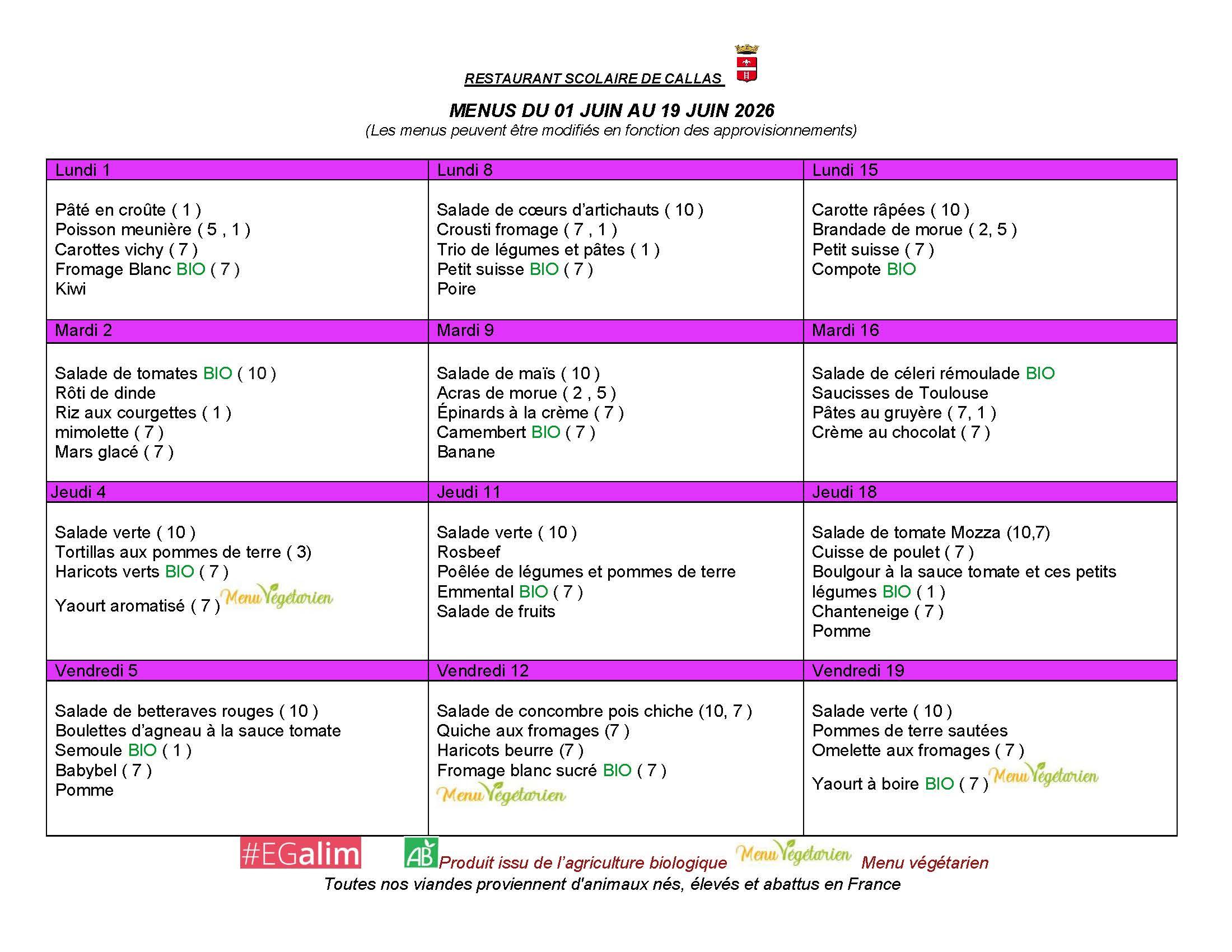 Menu juin 1