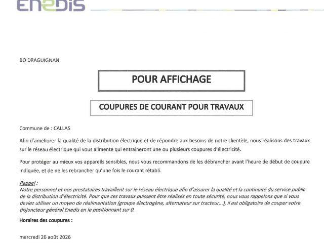COUPURES DE COURANT POUR TRAVAUX le 26 août