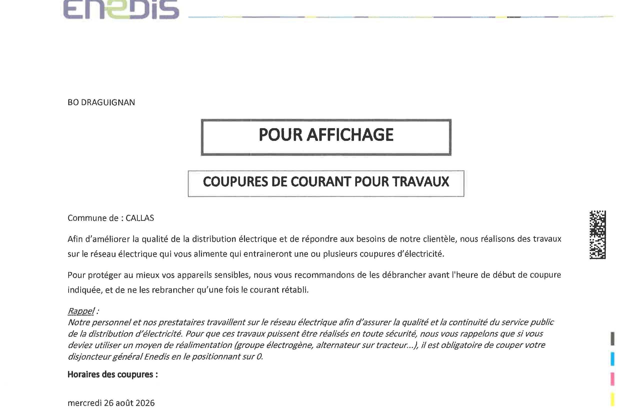 COUPURES DE COURANT POUR TRAVAUX le 26 août