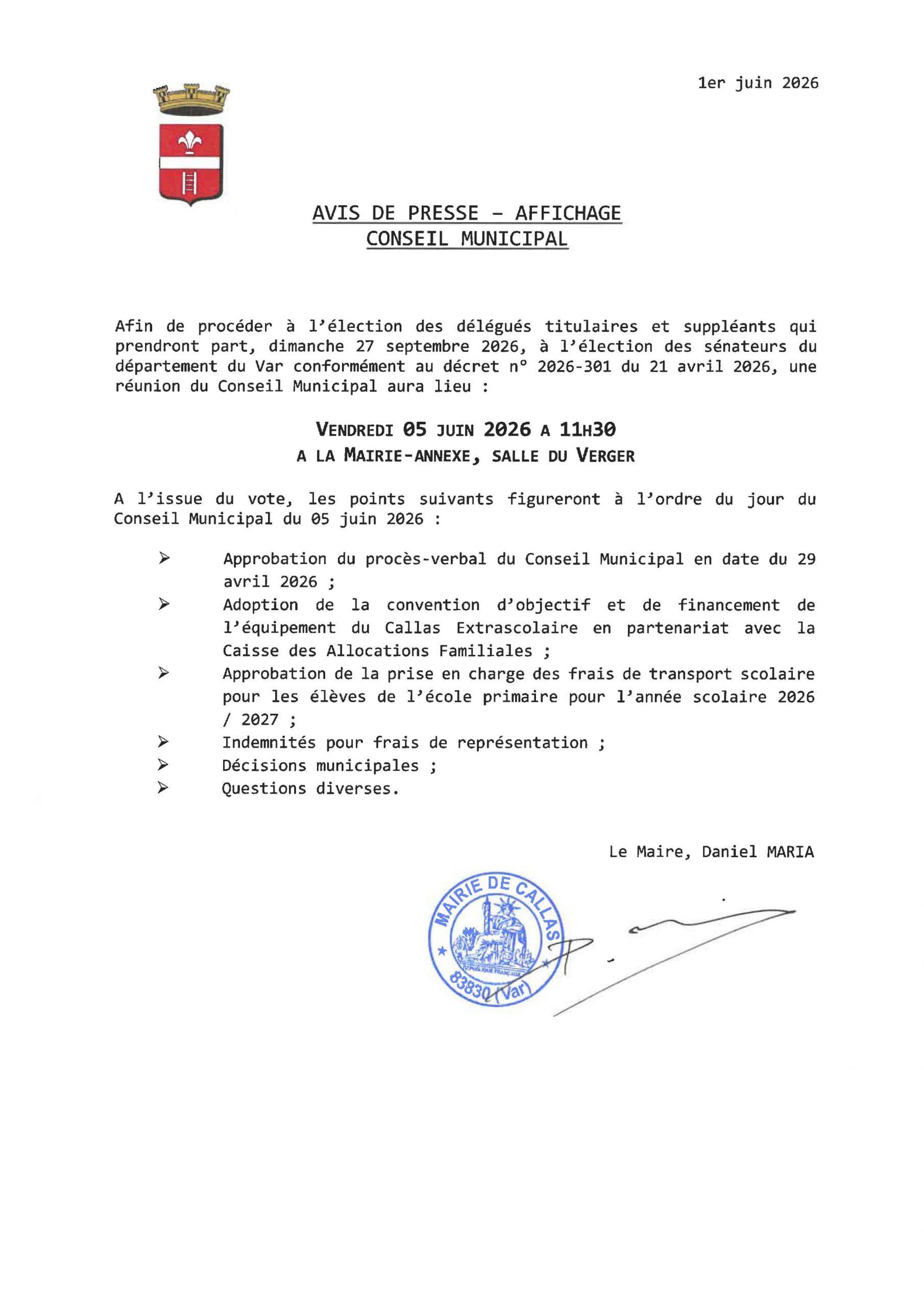 Conseil municipale 29 avril 2026