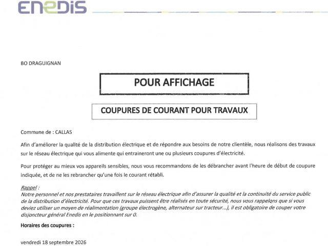 COUPURES DE COURANT POUR TRAVAUX le 18 sept