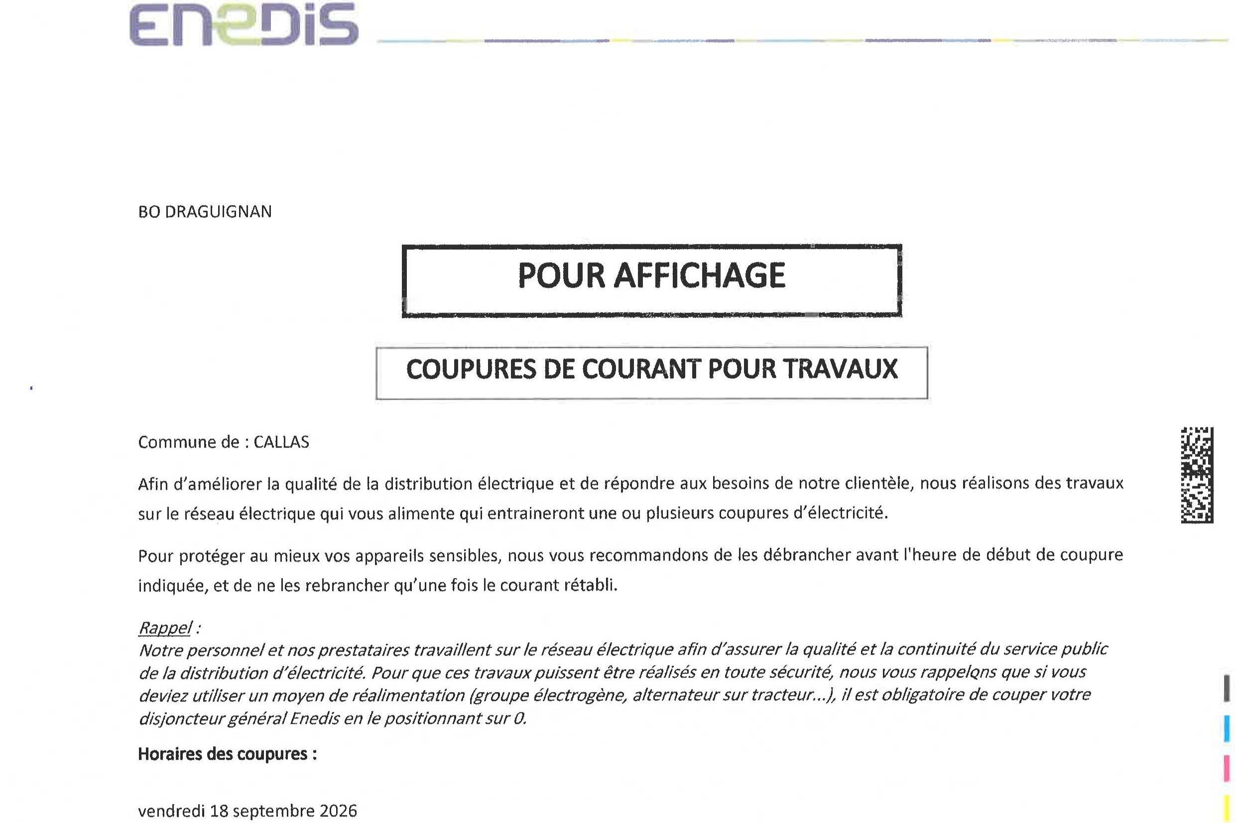 COUPURES DE COURANT POUR TRAVAUX le 18 sept