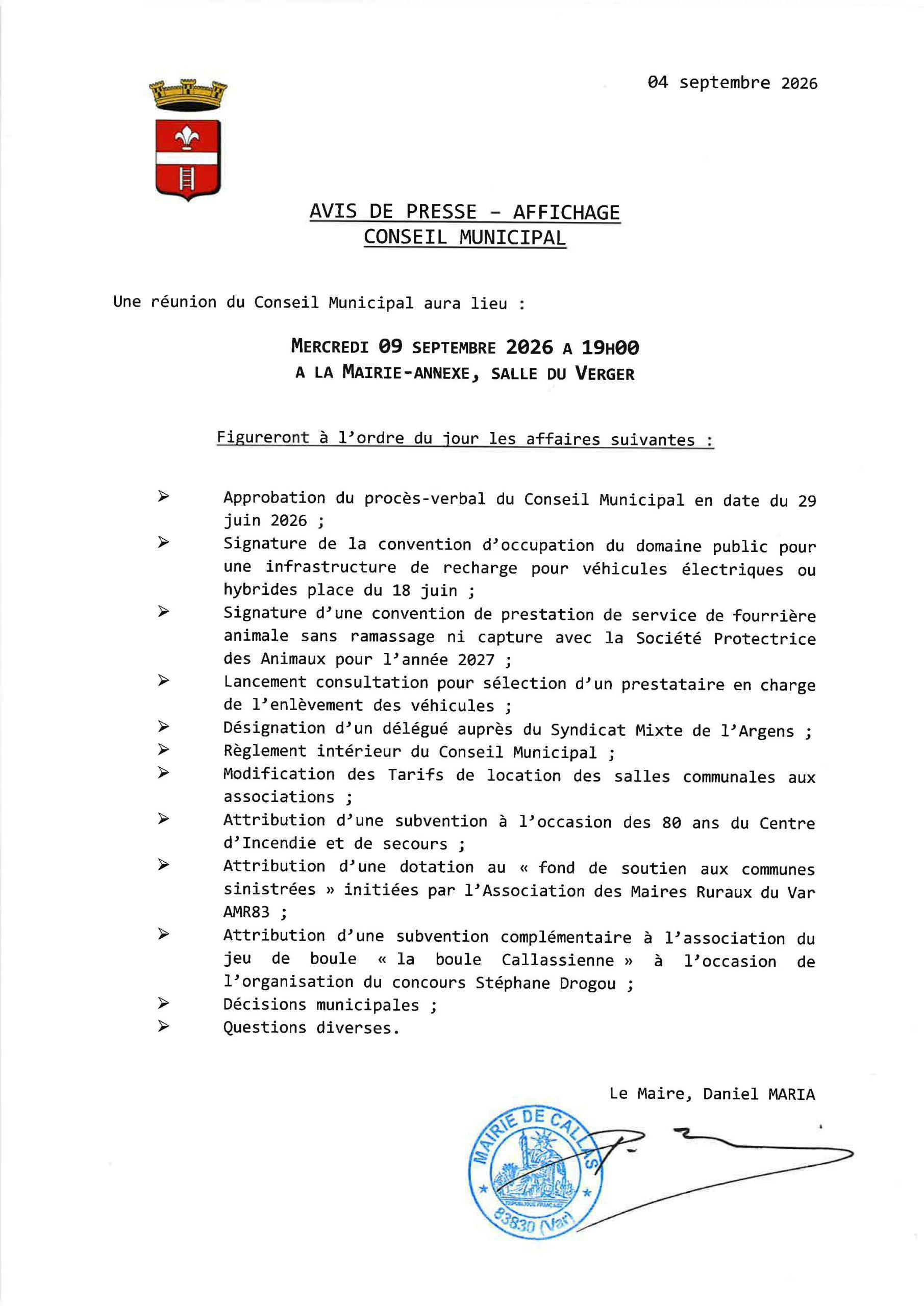 Conseil municipale 29 avril 2026